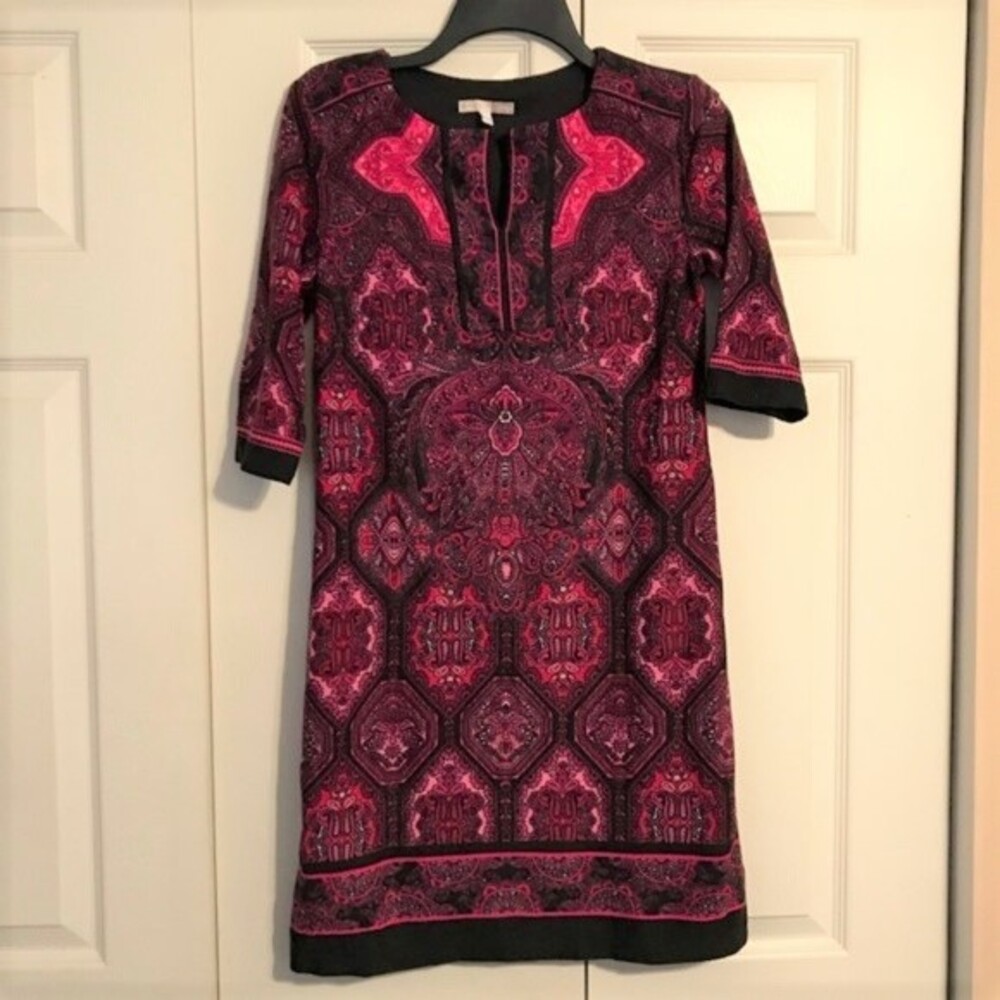 SIGNATURE CAMRYN 4 Pink Black Dress Keyhole Workwear Jewel Tone Lined 3/4 Sleeve